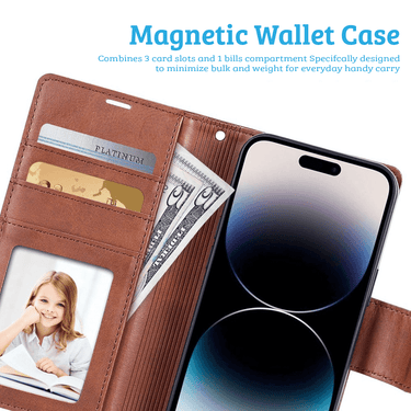 iPhone 15 Magnetic Flip Wallet Case Cover with Drop-Resistant PU Leather, Multiple Card Holder Slots & Secure Front Screen Cover - Black